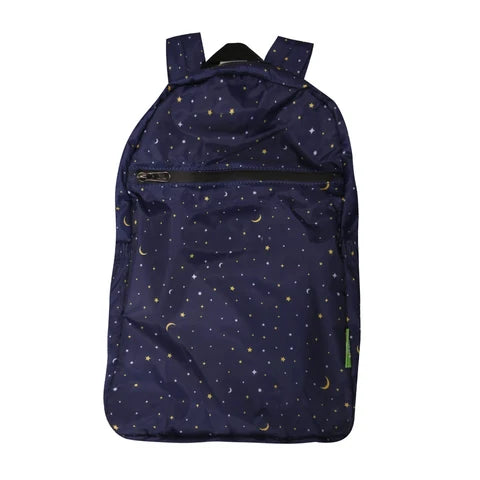 Navy blue backpack with celestial pattern on a white background