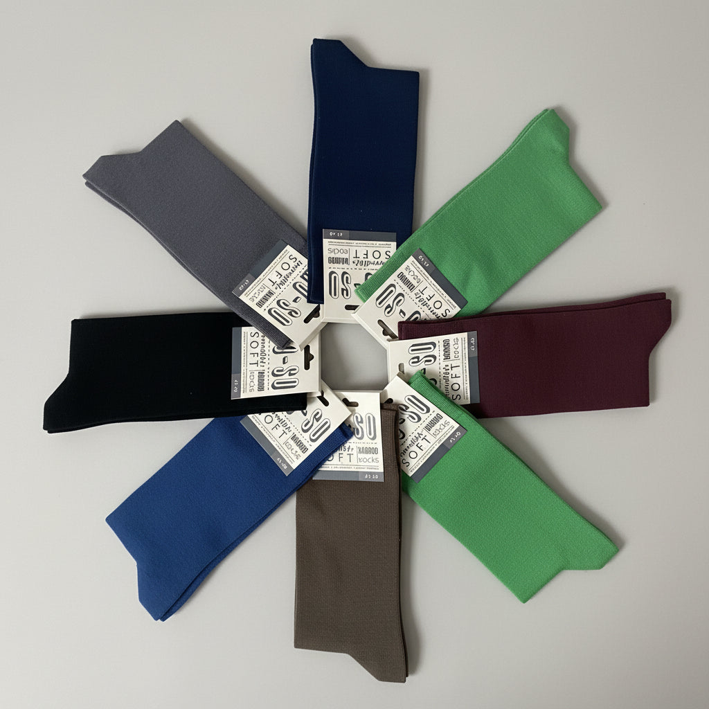 a range of solid colour socks on a grey background