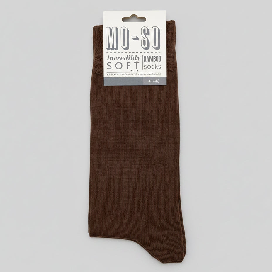 a pair of brown mo-so socks 7-11 on a grey background