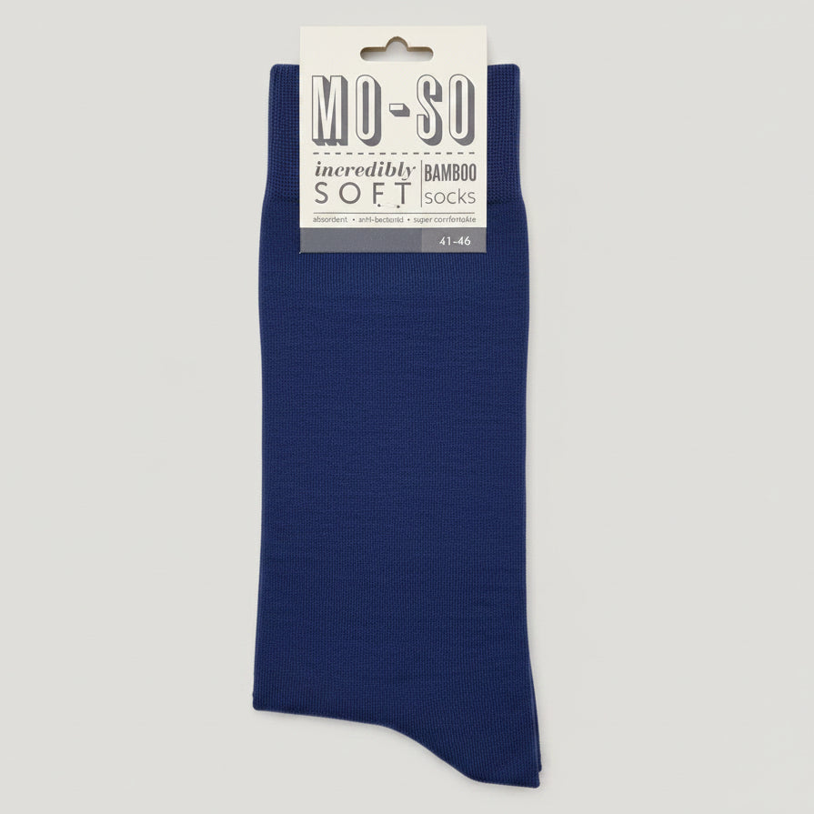 a pair of navy blue mo-so socks 7-11 on a grey background