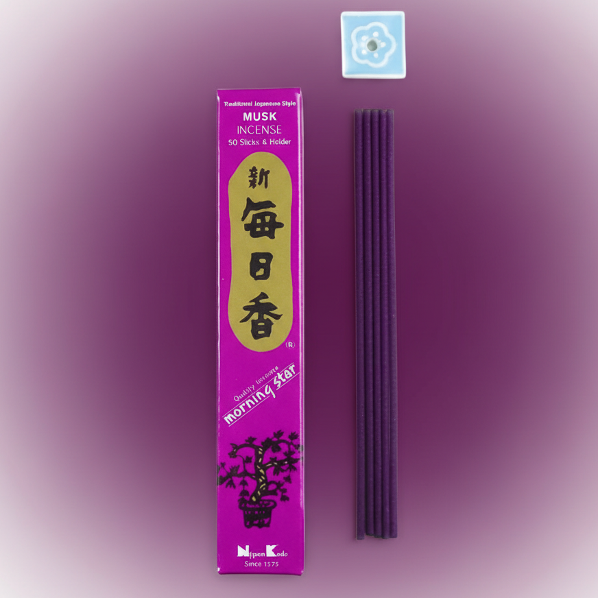 Purple incense packaging with incense sticks on a purple background