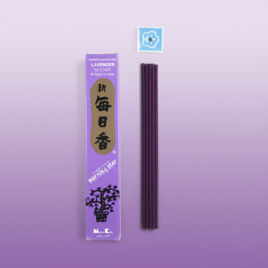 Lavender incense sticks with packaging on a lilac background