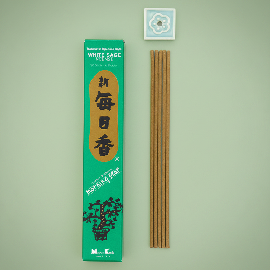 Nippon Kodo White Sage incense packaging with incense sticks on a green background