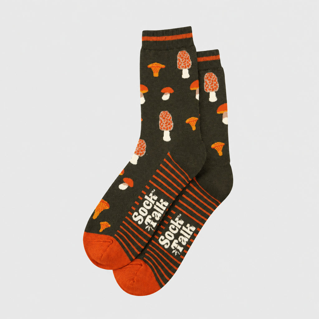 Pair of socks with mushroom pattern on a white background