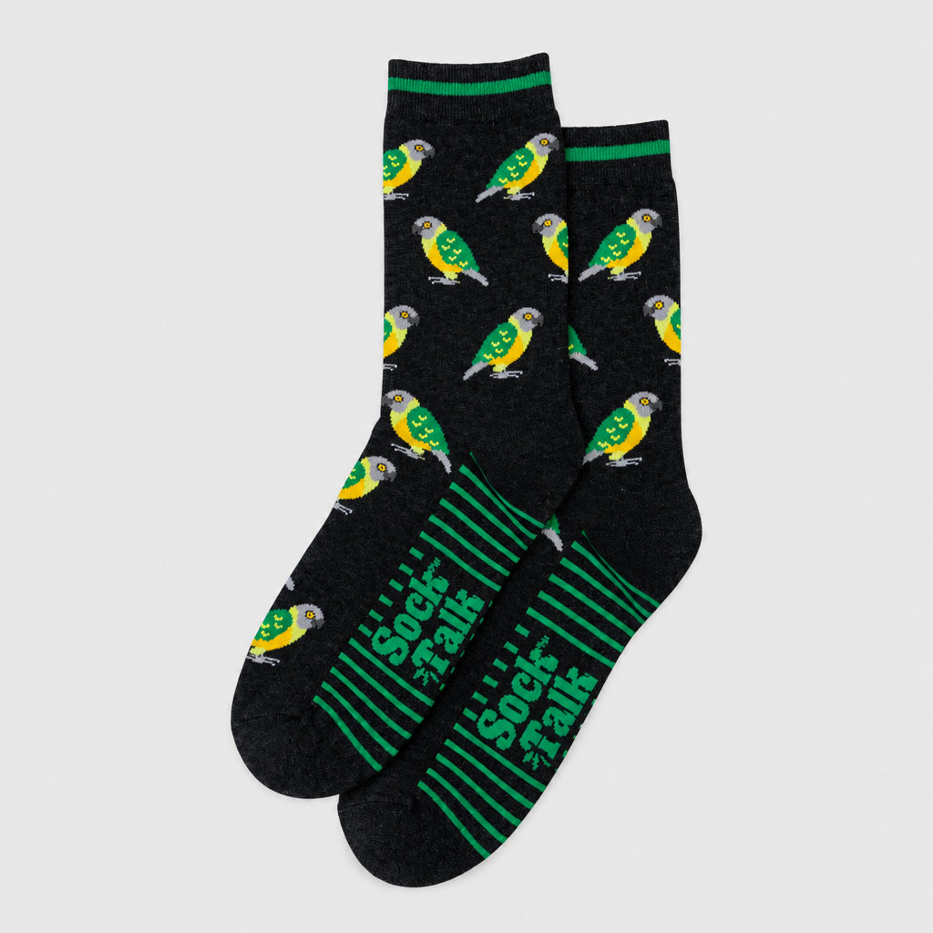 Black socks with green accents and parrot illustrations on a grey background