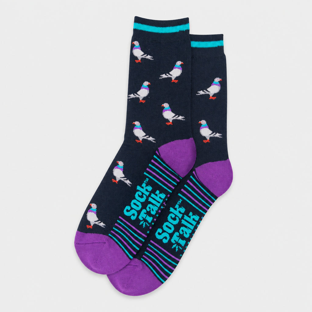 Pair of socks with bird pattern and 'Sock Talk' text on a grey background