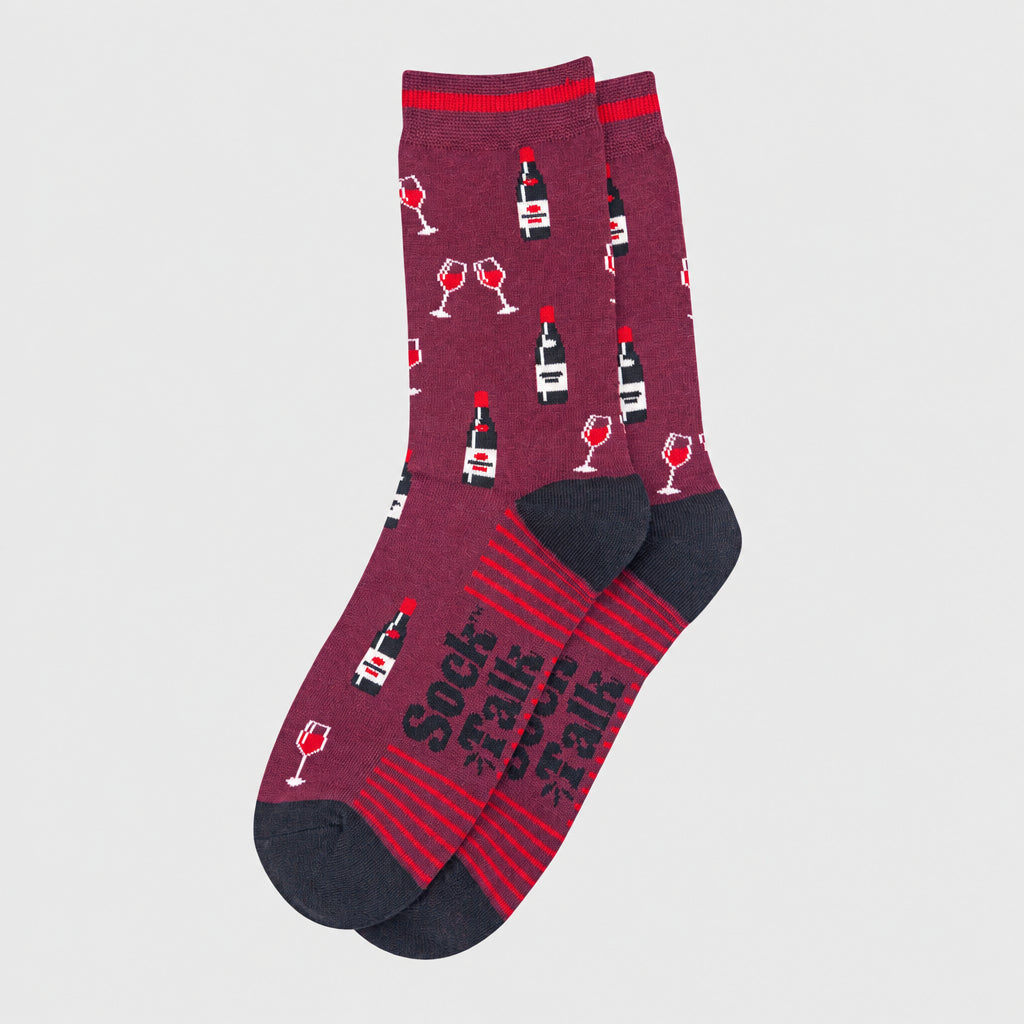 Maroon socks with wine bottle and glass pattern on a white background
