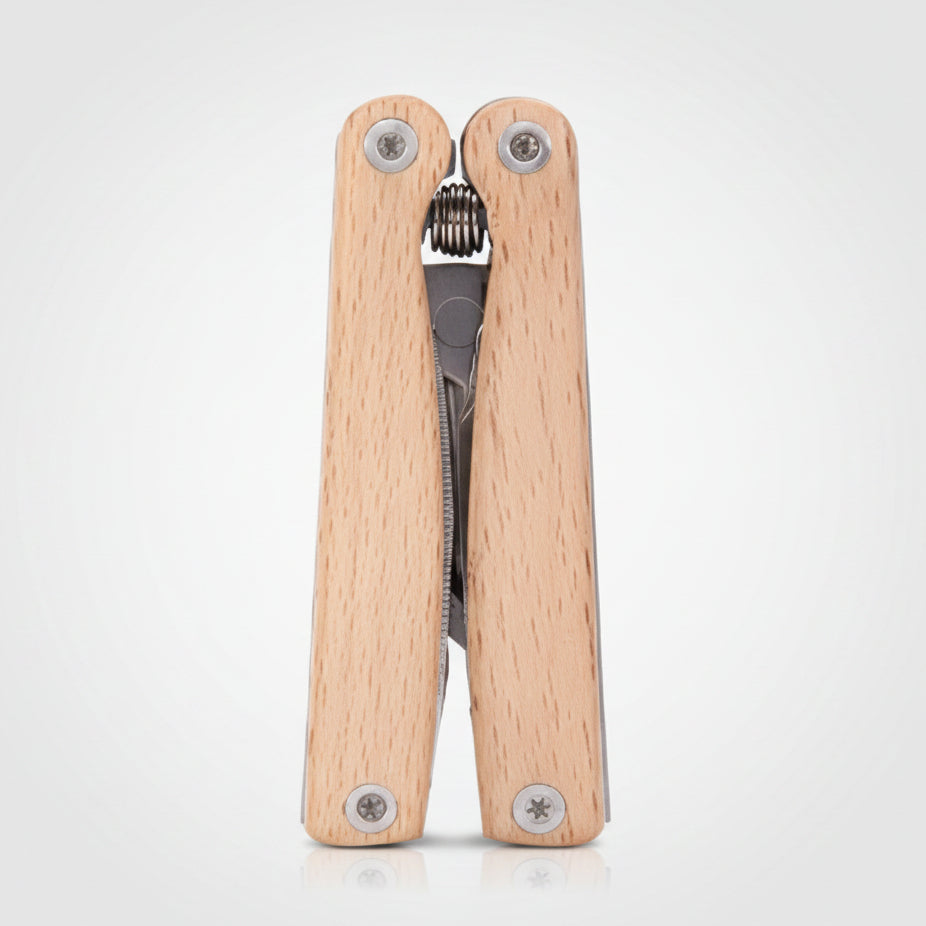 Wooden multitool with various tools on a white background