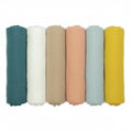 muslin squares set 6 in muted colours blue,cream,beige,pale orange, pale green , yellow