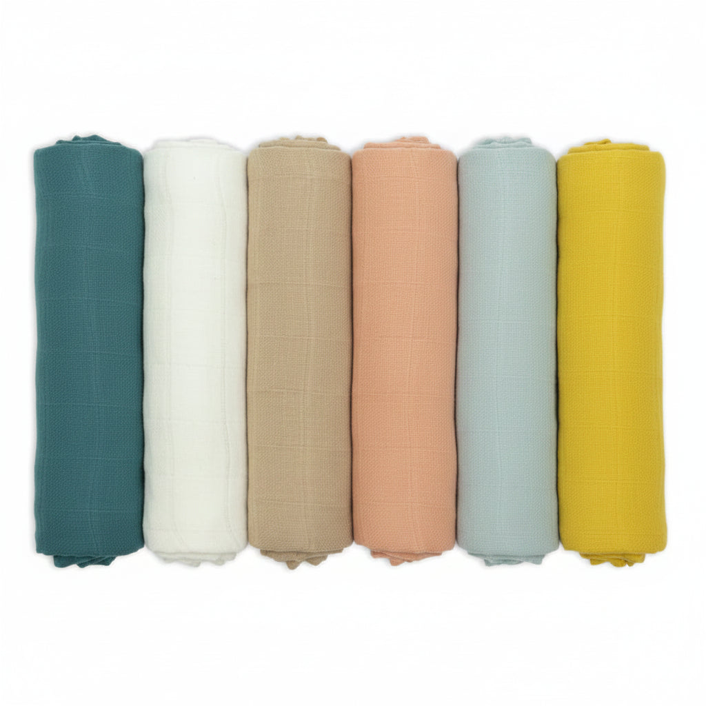 muslin squares set 6 in muted colours blue,cream,beige,pale orange, pale green , yellow