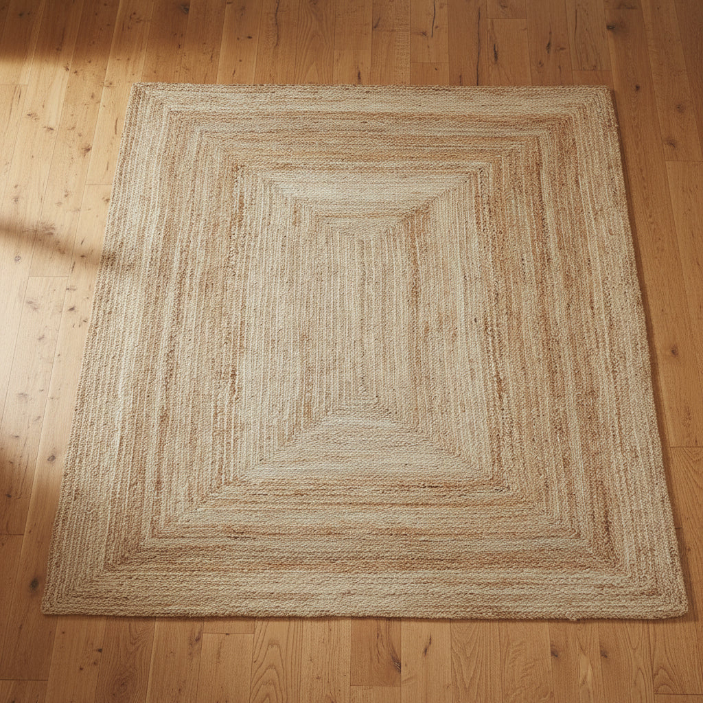 A rectangular natural fiber area rug with a textured, concentric rectangular border design in shades of beige and light brown, shown flat against a white background.