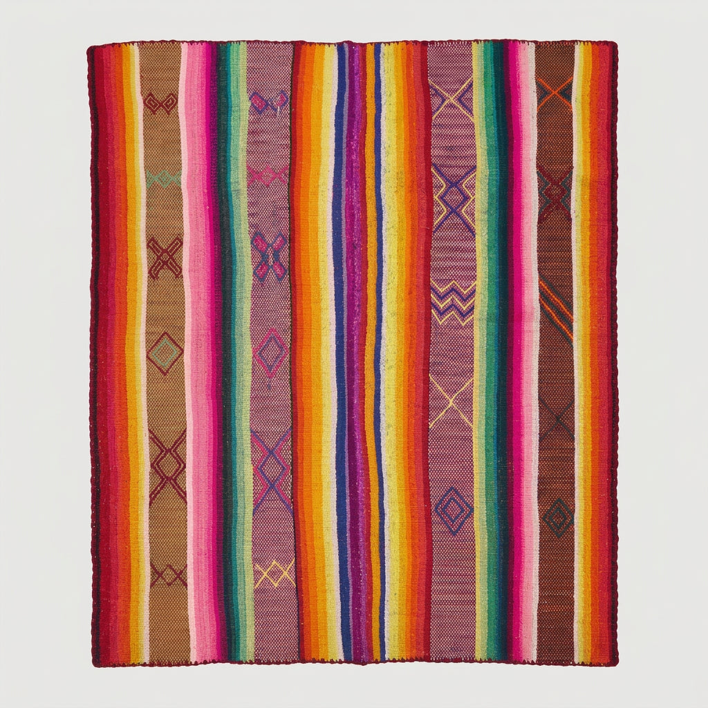 A colorful woven area rug with vertical stripes in pink, orange, yellow, green, blue, purple, and brown.