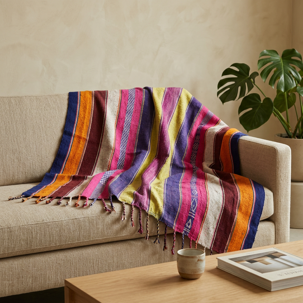 A colorful woven throw blanket with fringe tassels draped over a beige fabric sofa in a styled living room setting, with a wooden table, cup, and potted plant in the foreground and background.