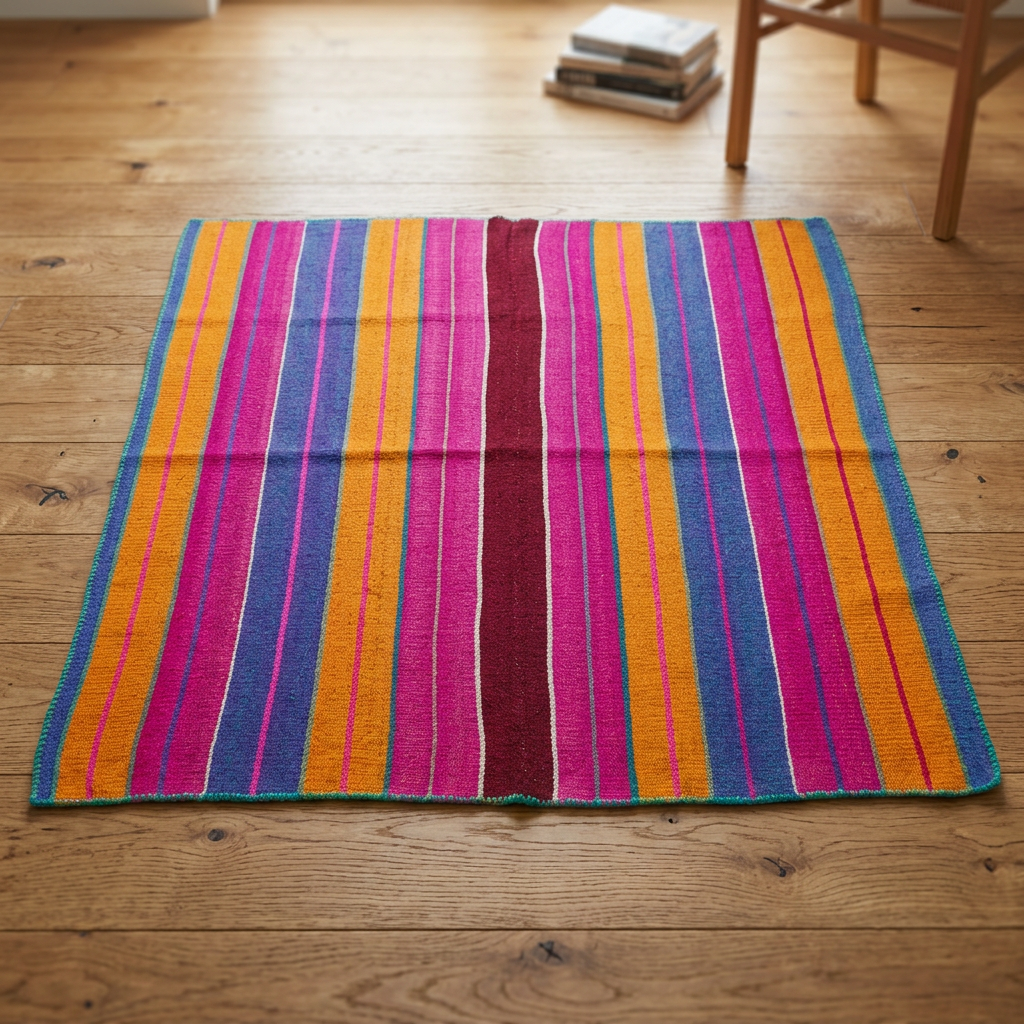 A square striped rug laid flat on a light brown wooden floor, featuring vertical bands of magenta, orange, blue, and burgundy with thin white accent lines. A stack of books and part of a wooden chair are visible in the background.