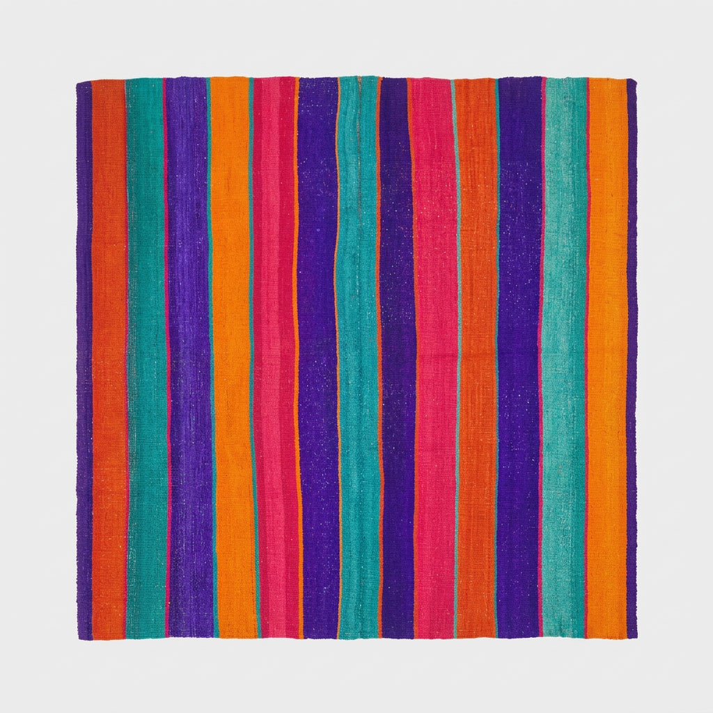 A colorful striped textile rug.