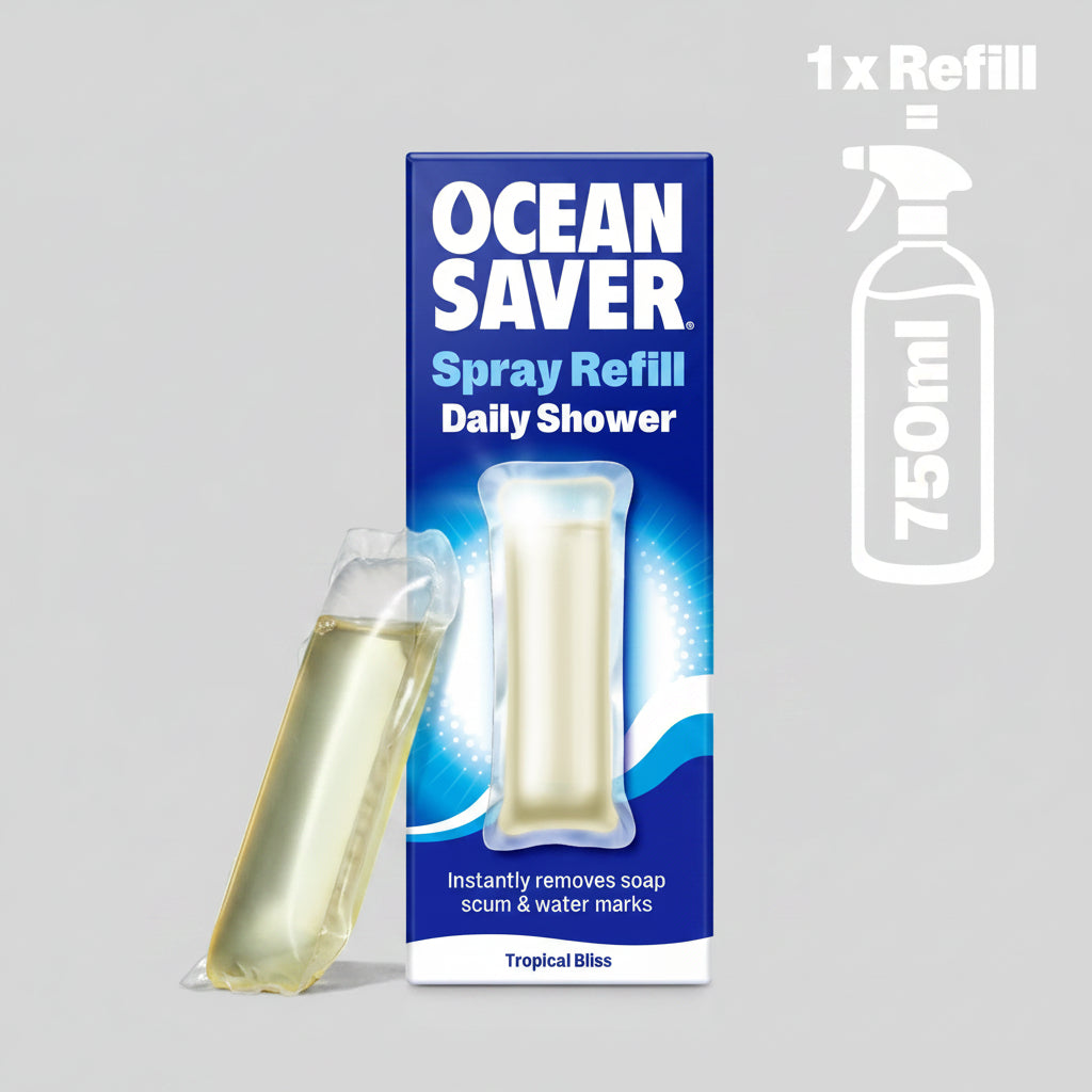 Ocean Saver Spray Refill packaging with  refills and a blue background