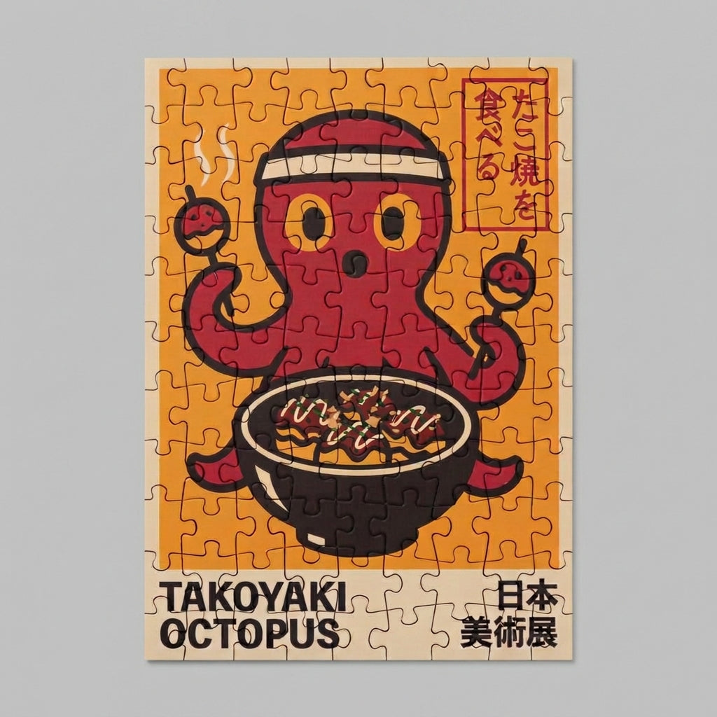 Jigsaw puzzle with a red octopus holding takoyaki on an orange background