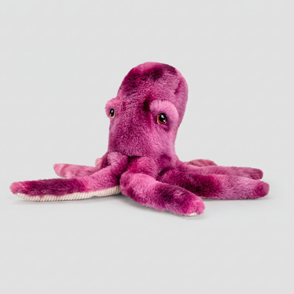Pink plush octopus toy on a white background