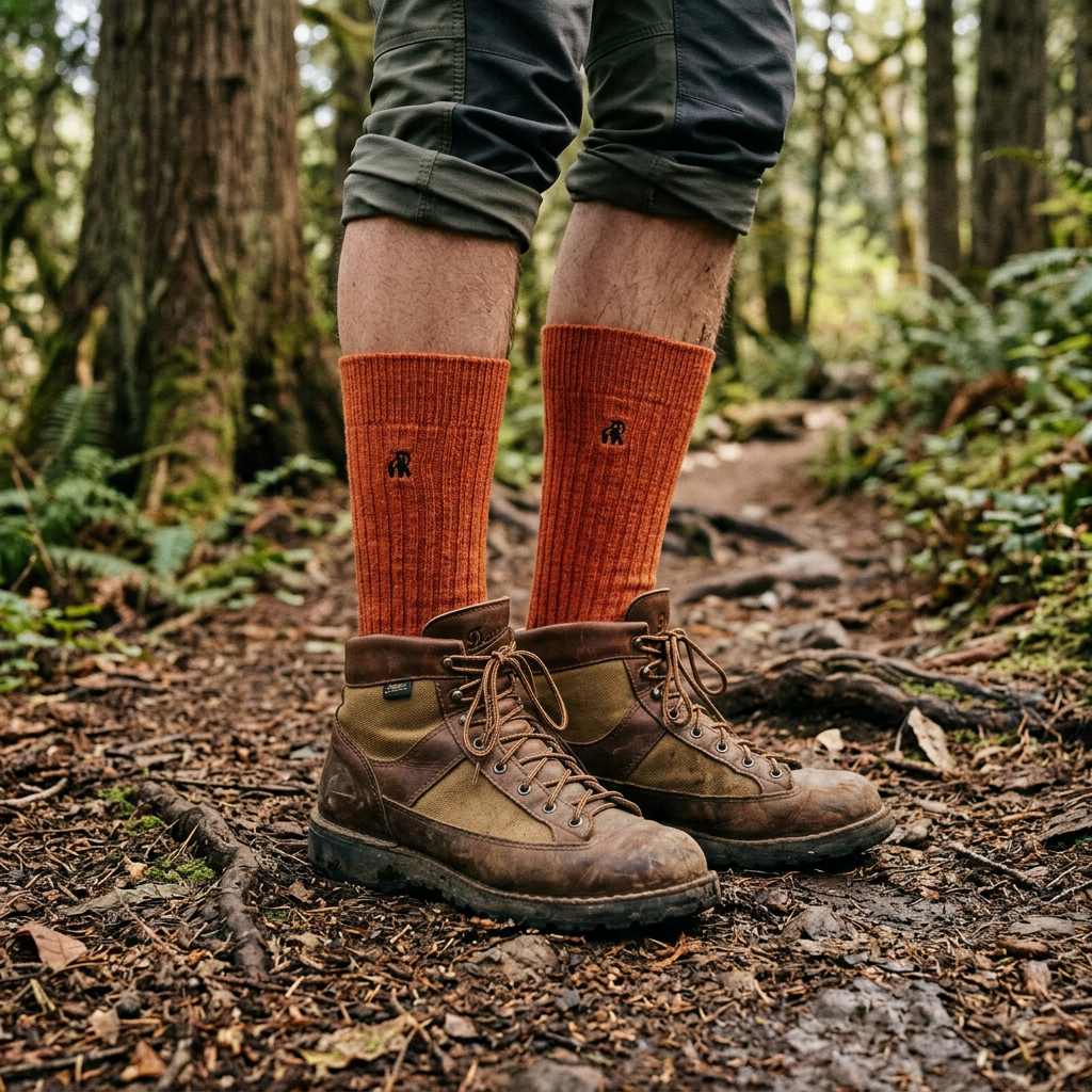 A person standing on a forest trail wearing bright orange ribbed crew socks with a small black logo, brown and tan hiking boots, and dark green rolled shorts.