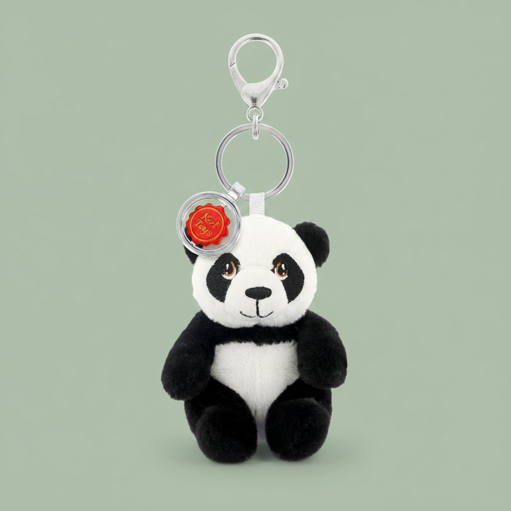 Plush panda keychain with a red emblem on a white background
