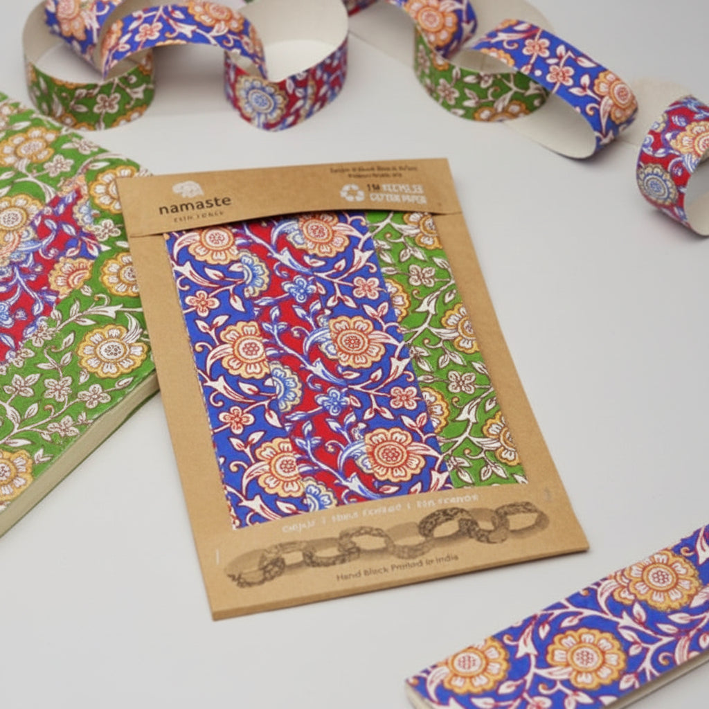 Packaged colorful fabric with floral patterns on a wooden board