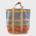 A striped woven jute tote bag with natural beige handles, featuring horizontal stripes in blue, pink, orange, and yellow on a white background.