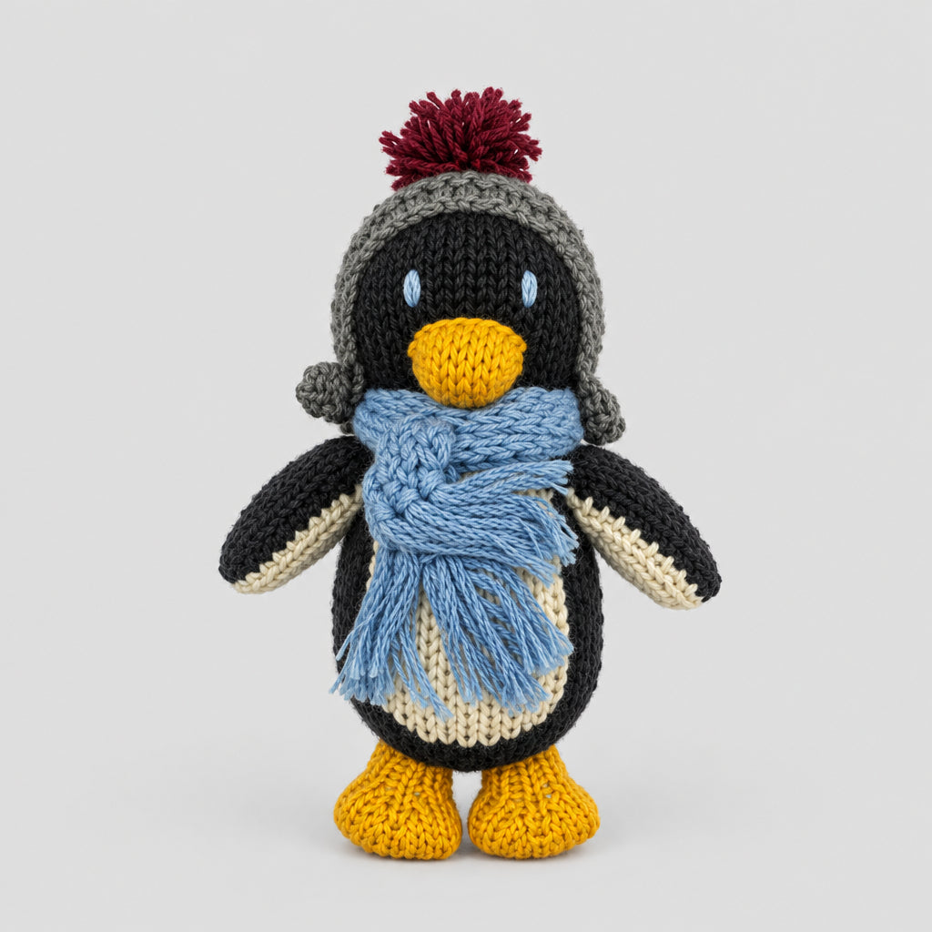 A handmade crocheted penguin toy wearing a gray knit hat with a burgundy tuft and a light blue knit scarf, set against a plain white background.