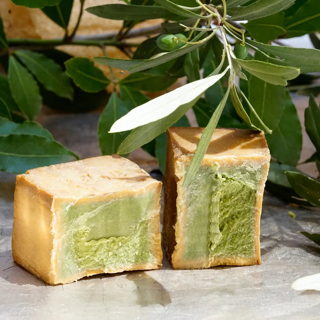 Two rectangular bars of handmade soap with a light brown outer layer and a green marbled center, displayed on a stone surface with olive branches in the background.