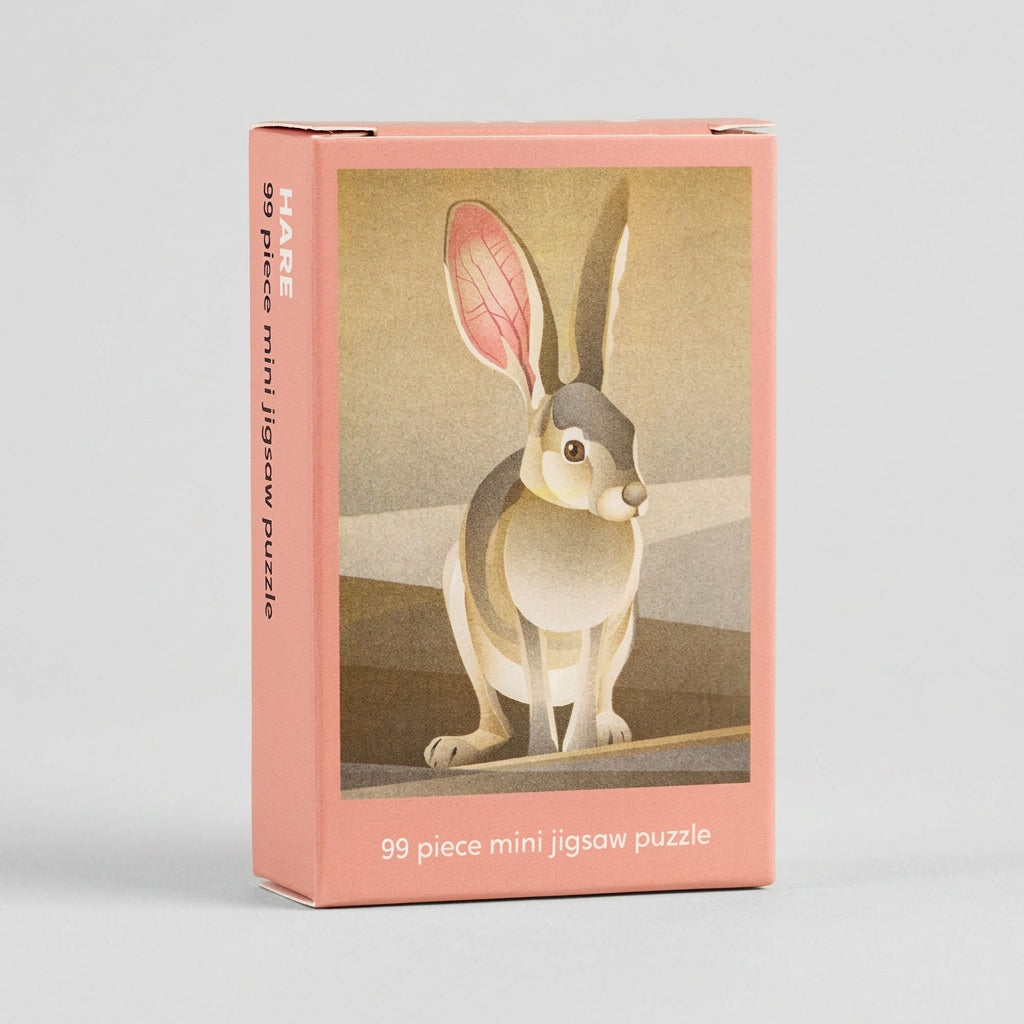 A 99-piece mini jigsaw puzzle box featuring an illustration of a rabbit with long ears on a dusty pink background, shown on a clean white studio background.