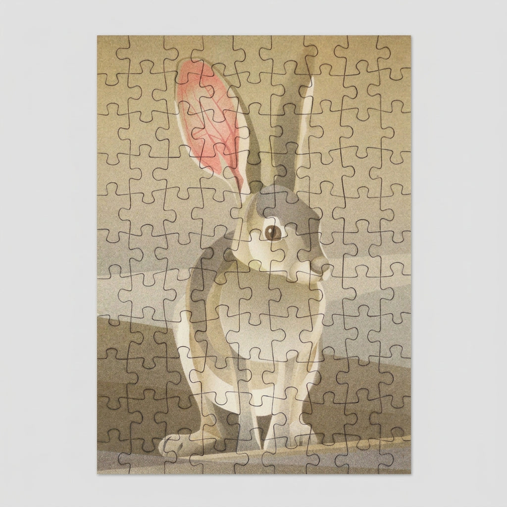 A completed jigsaw puzzle featuring an illustration of a gray and white rabbit with pink inner ears, set against a warm grey background.