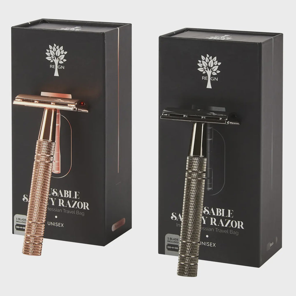 Two razors in packaging with ' Reign ' branding on a white background