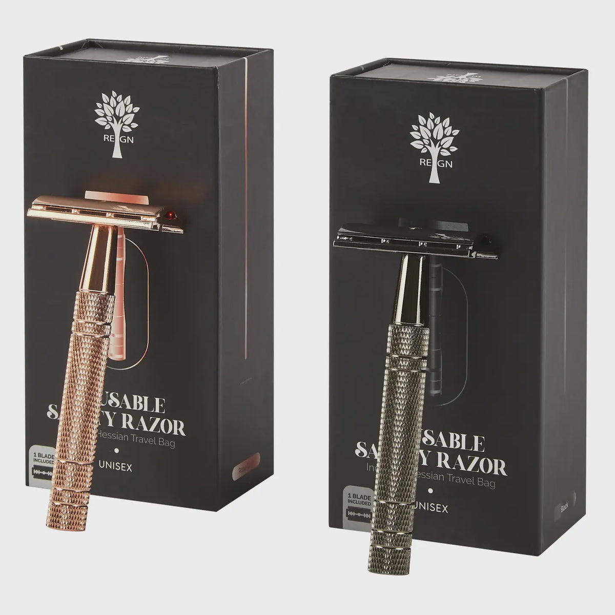 Two razors in packaging with ' Reign ' branding on a white background