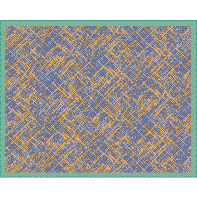 A square blanket with a blue-gray base, overlaid with a mustard-yellow abstract crisscross pattern, and finished with a solid mint green border.