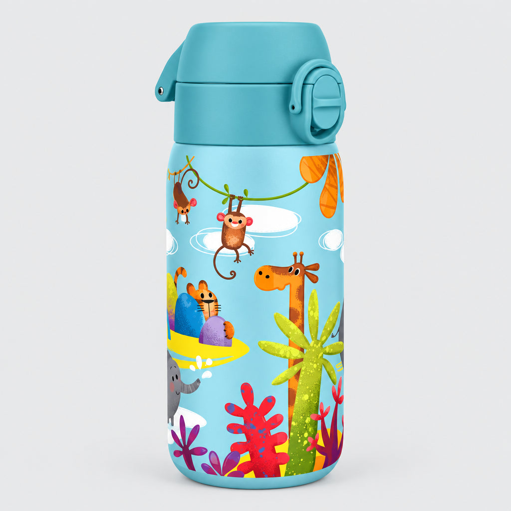 A light blue stainless steel water bottle with a flip-top lid, decorated with a colorful cartoon jungle scene featuring a monkey, giraffe, cactus, and other animals on a grey background.