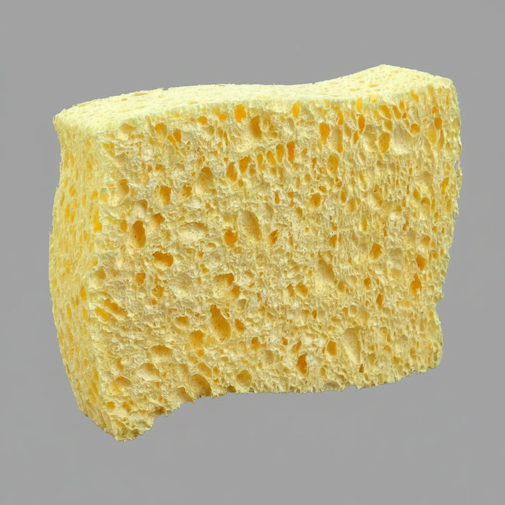 A rectangular yellow cleaning sponge with a porous, sponge-like texture.