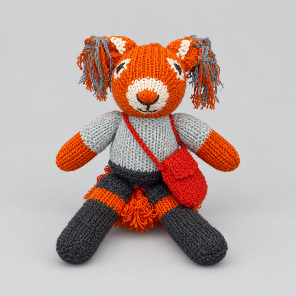 Hand-knitted red squirrel soft toy wearing a grey top, dark shorts and a red shoulder bag.”