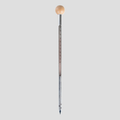 A vertical metal thermometer with a light wood ball at the top and a fine metal tube with printed temperature markings, centered on a solid gray background.