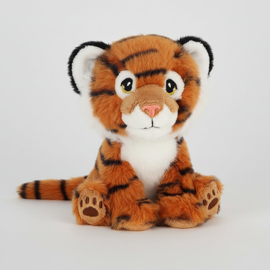 Plush tiger toy on a white background