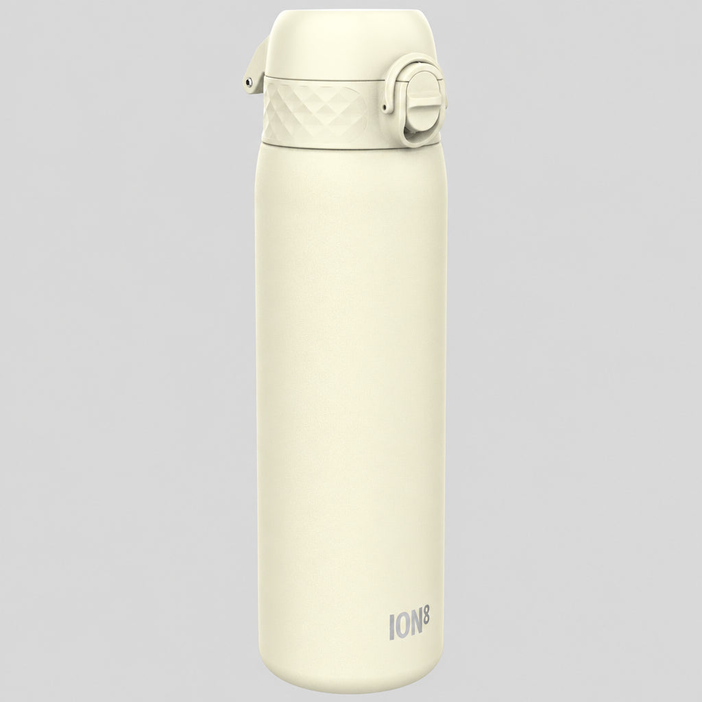 Beige stainless steel water bottle with a visible brand logo on a grey background