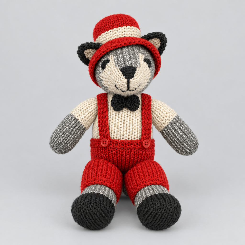 A hand-knitted wolf doll wearing red overalls, a red and cream striped hat, and a black bow tie, photographed against a neutral light gray background.