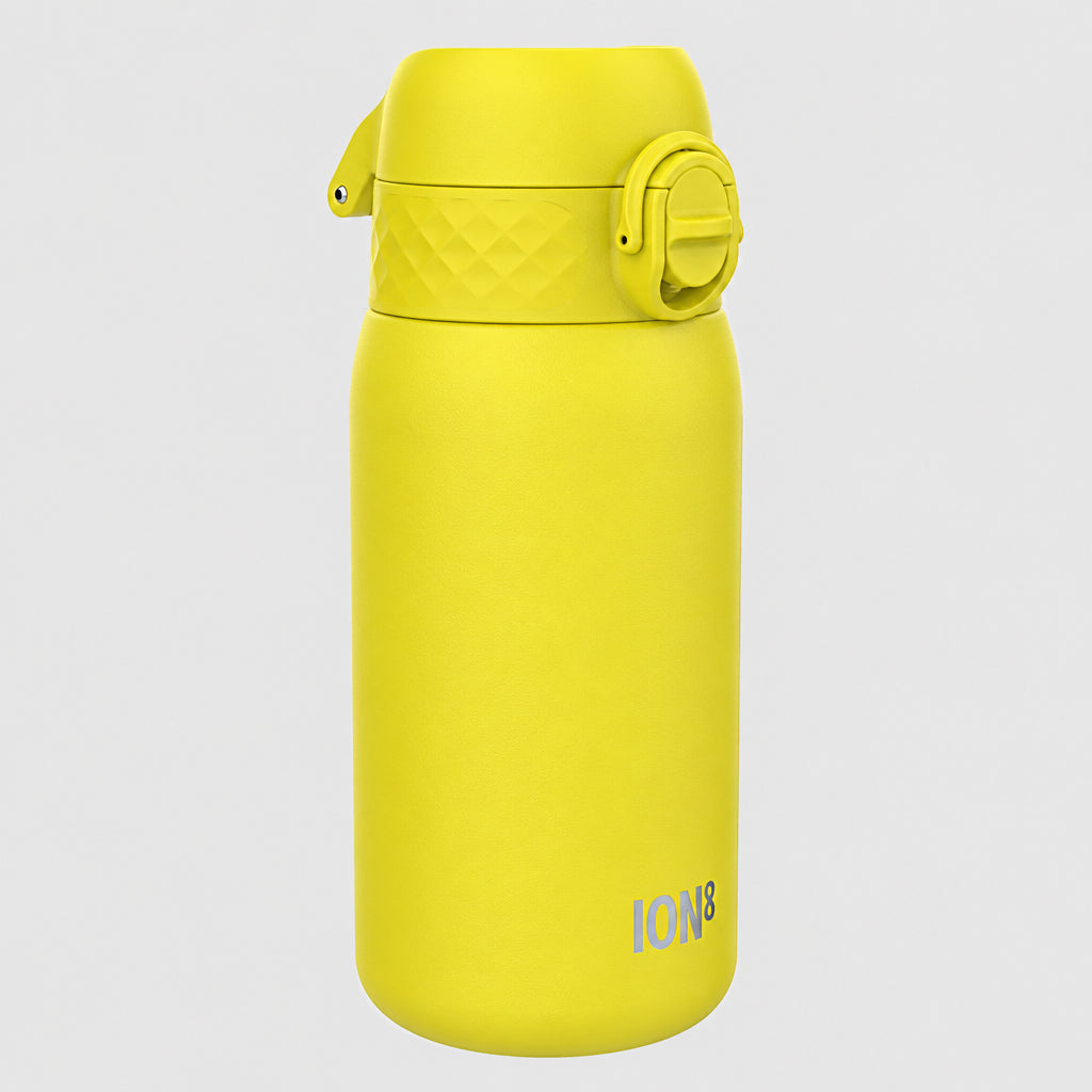 A bright yellow stainless steel water bottle with a matching screw-top lid and flip spout, shown on a plain grey background. The brand name 'IONB' is printed near the bottom.