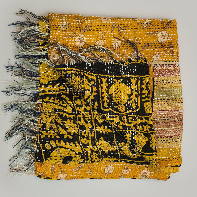 Yellow , gold silk sari scarf