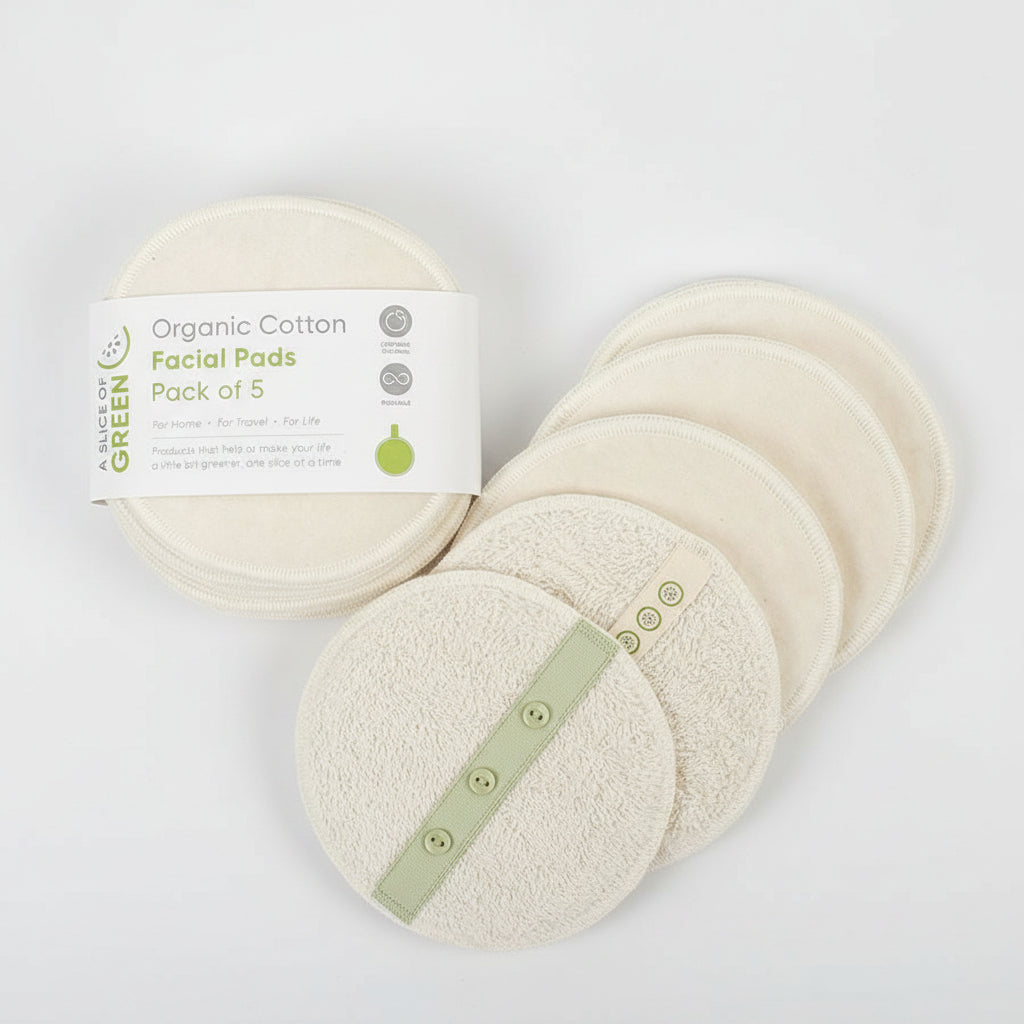 A pack of five organic cotton reusable facial pads, displayed alongside their packaging which indicates they are 'GOTS certified organic cotton'.