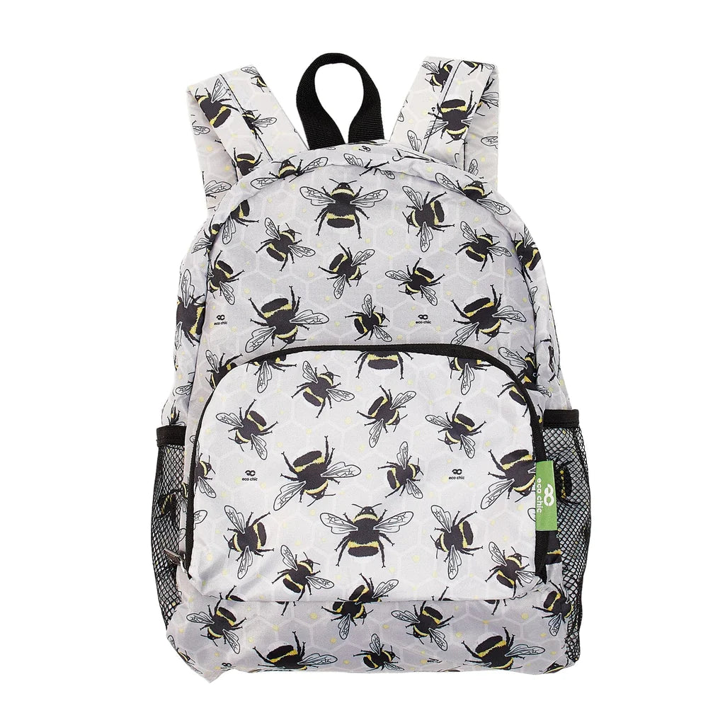 Light grey mini back pack with bee design front zip pocket side mesh pockets, lightweight foldable