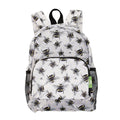 Light grey mini back pack with bee design front zip pocket side mesh pockets, lightweight foldable