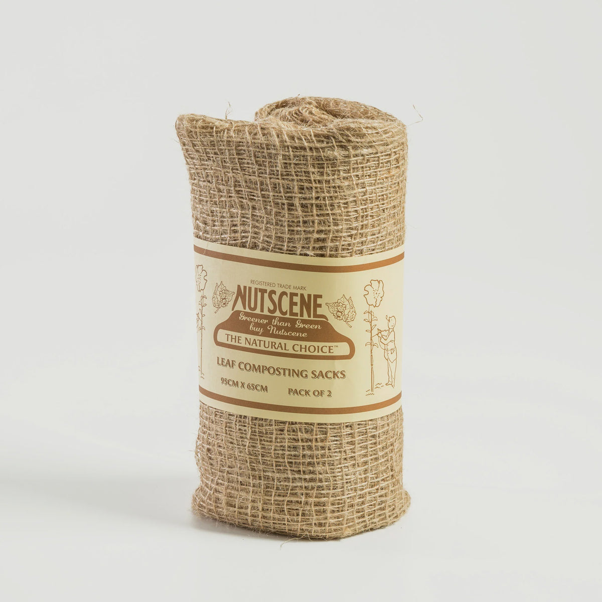 A beige jute leaf composting sack with the brand 'Nutscene - The Natural Choice' printed on a label.