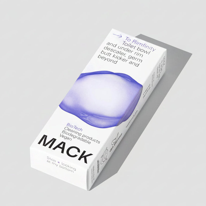 A box of Mack Cleaning Pods, with a transparent window showing a purple cleaning pod inside.