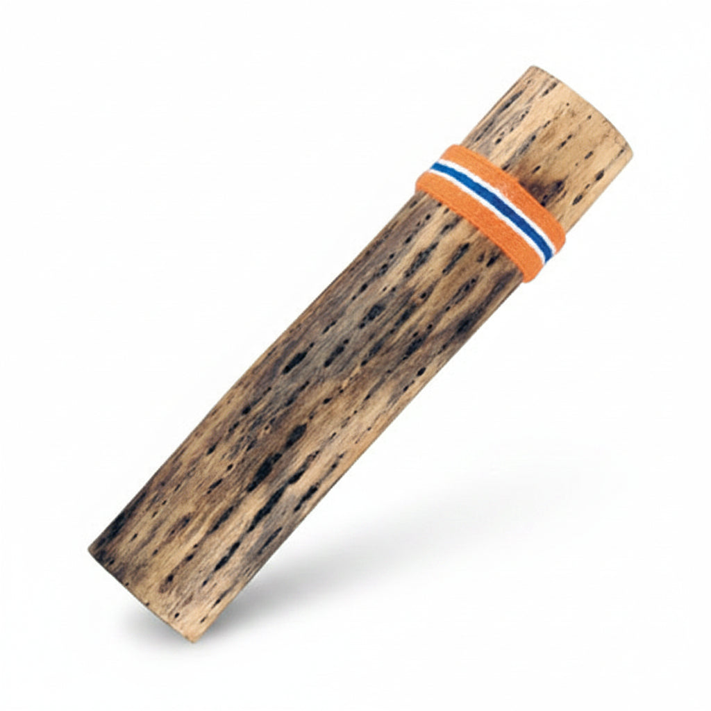 A cactus rainstick with a wooden body and a colorful cotton band.