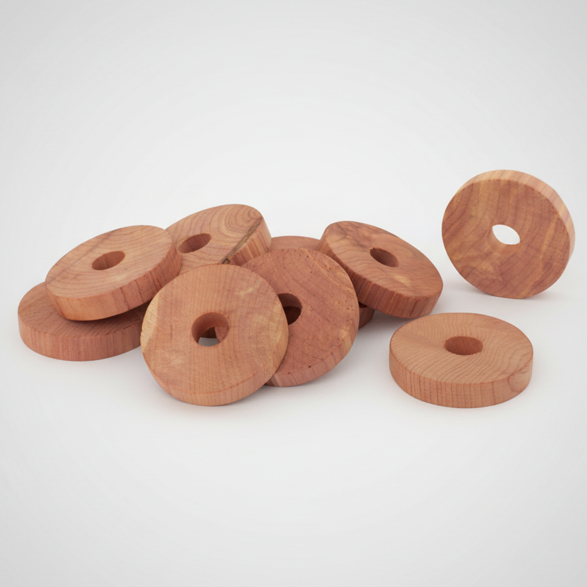 A collection of untreated red cedar wood discs used for moth protection.