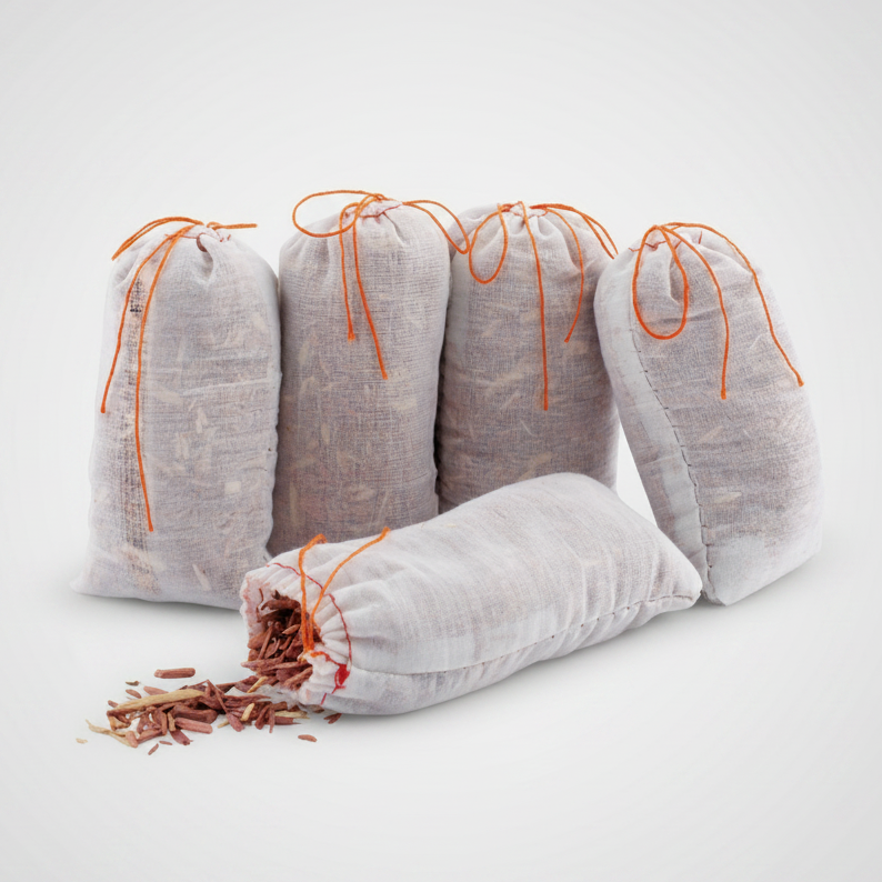 Five sachets of red cedar wood chips packaged in cotton bags with an orange twist tie on each, displayed against a white background.